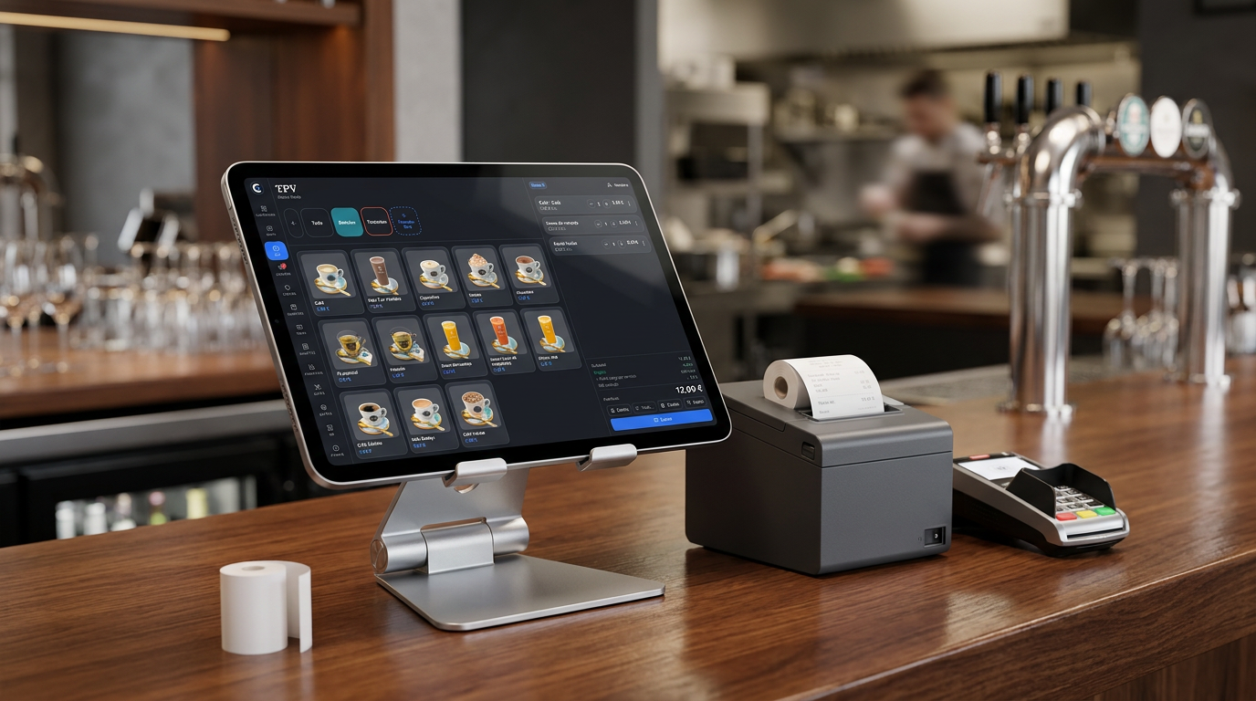 TPV de Comandero Plus integrado en una tablet sobre la barra de un restaurante