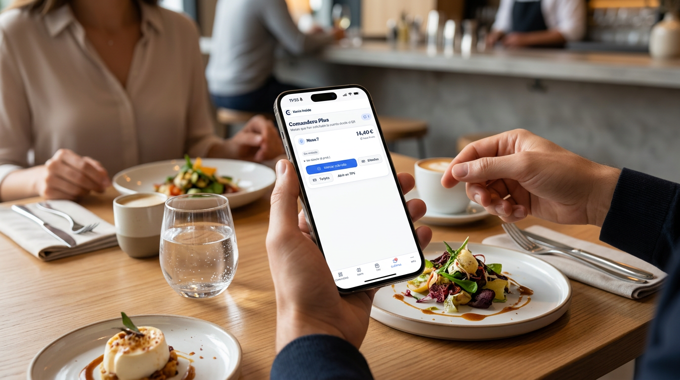 Cliente usando Comandero Plus en un móvil para revisar y pagar la cuenta en un restaurante